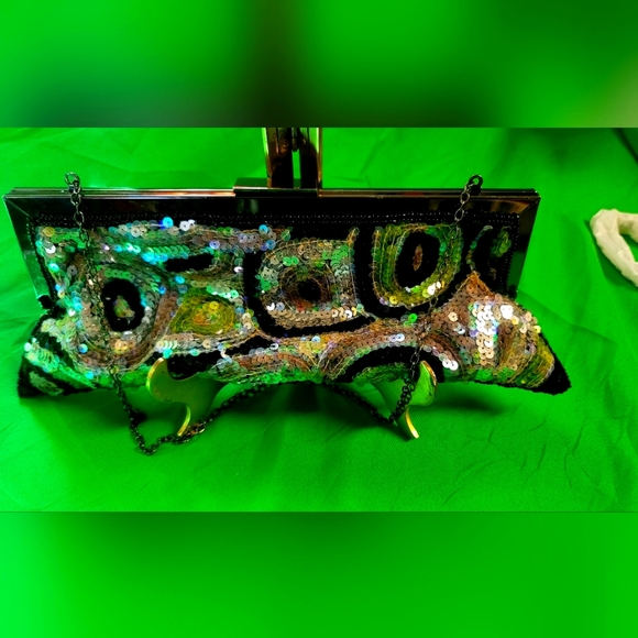 New York &Company beaded embellished, sequined,evening bag purse,black/green/sil - Picture 1 of 5